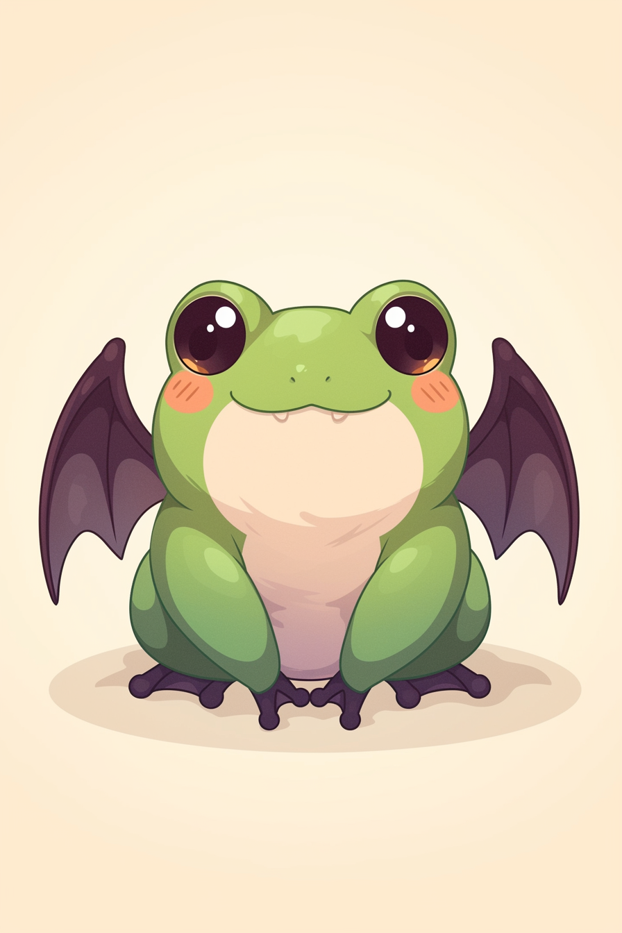 halloween frog drawing ideas 2 features a cute frog with bat wings. The frog has wide, shiny eyes and small fangs, creating a playful Halloween theme. Its soft green body contrasts with the dark bat wings.